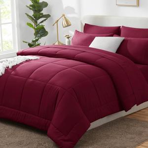CozyLux Red Comforter Set King 7 Pieces Red Bedding Set Christmas King Size Burgundy Bed in a Bag Maroon Wine with All Season Quilted Comforter, Flat Sheet, Fitted Sheet, Pillowcases