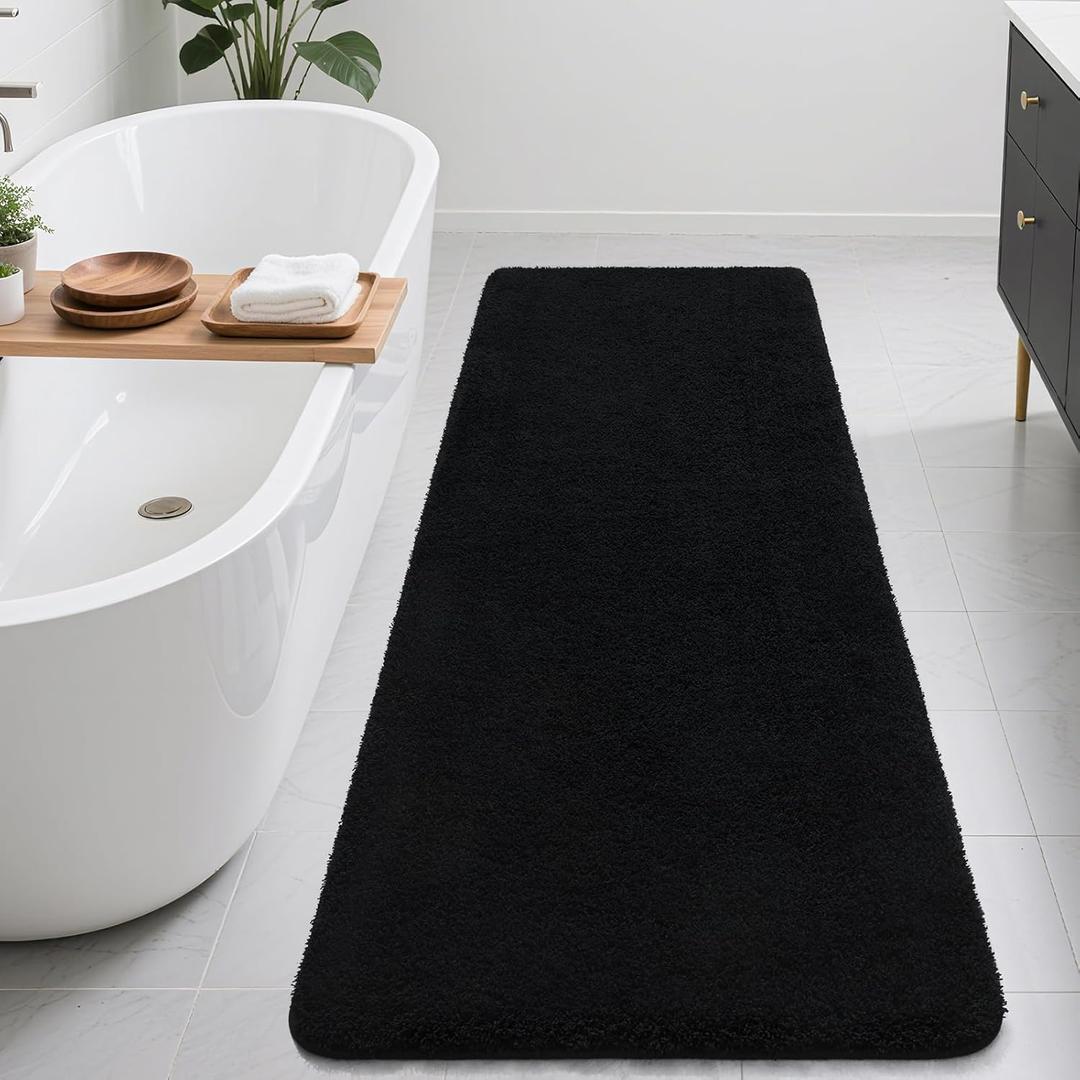 Bathroom Runner Rugs 60x24, Extra Soft and Absorbent Bath Mats, Non-Slip Shaggy Long Bath Rug for Bathroom Floor, Tub and Shower, Machine Washable, Quick Dry, Black