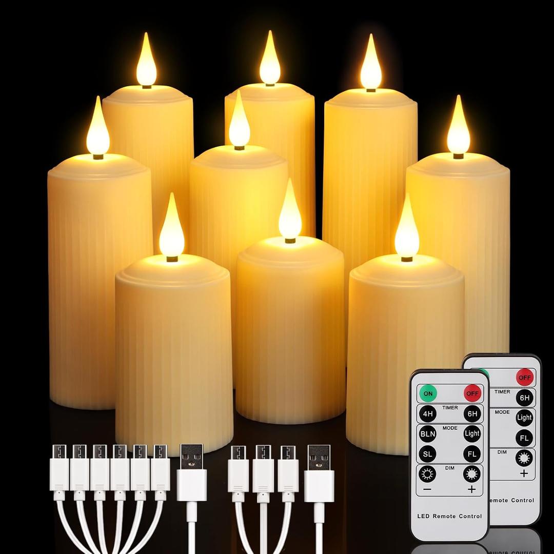 Daord Rechargeable LED Pillar Candles Flameless Flickering Candle Lights with Remote&Timer Set of 9 (D2 x H4/5.5/6.5") Classical Roman Column for Halloween Xmas Home Decor(9PCS,Rechargeable)