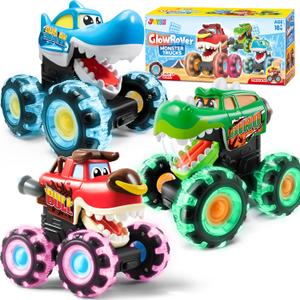 JOYIN 3 Pack Monster Truck Toy - Motion Activated Light-Up Cars for Toddlers - Monster Treads Lightning Wheels - Baby Toy Present - Press & Go Cars for Boys Girls Birthday Gifts Easter Basket Stuffer