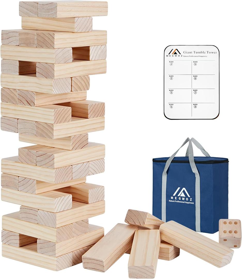Giant Tumble Tower Game - 60 Blocks New Zealand Pine Wooden Stacking Blocks for Kids & Adults, Over 5FT Tall Indoor/Outdoor Family Games, Birthday Party Games Unique Gifts for for All Ages