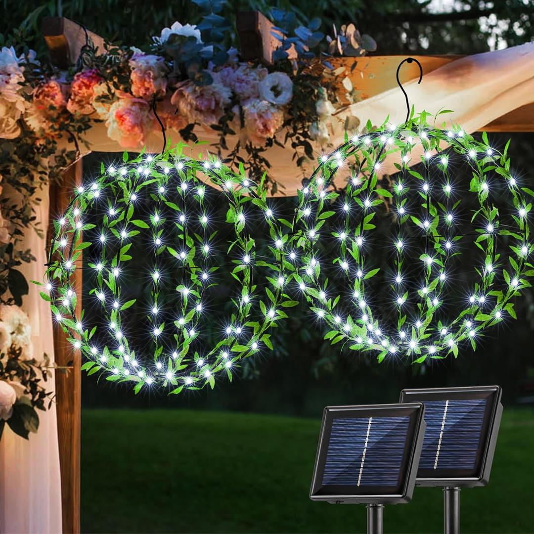 Solar Powered Hanging Iron Sphere Lights with Artificial Greenery  12Inch 120 LED Waterproof Outdoor Decor Ball Light with Timer & 8 Modes  2 Pack for Garden, Christmas, Weddings (Cool White)