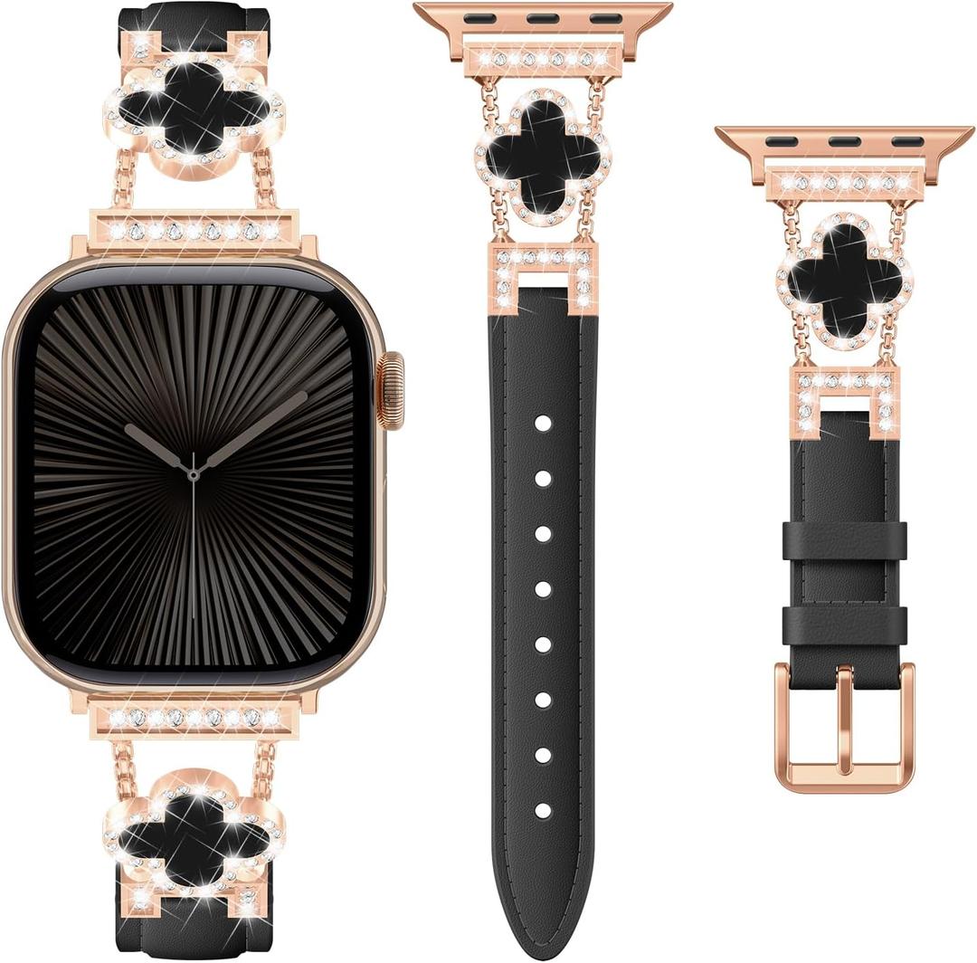 SOLOLUP Leather Band Compatible with Apple Watch Bands for Women 40mm 41mm 42mm 38mm, Dressy Slim Thin Cute Bracelet with Bling Buckle Metal Link Chain Band for iWatch 11 10 9 8 7 6 5 4 3 SE 3/ 2/ 1