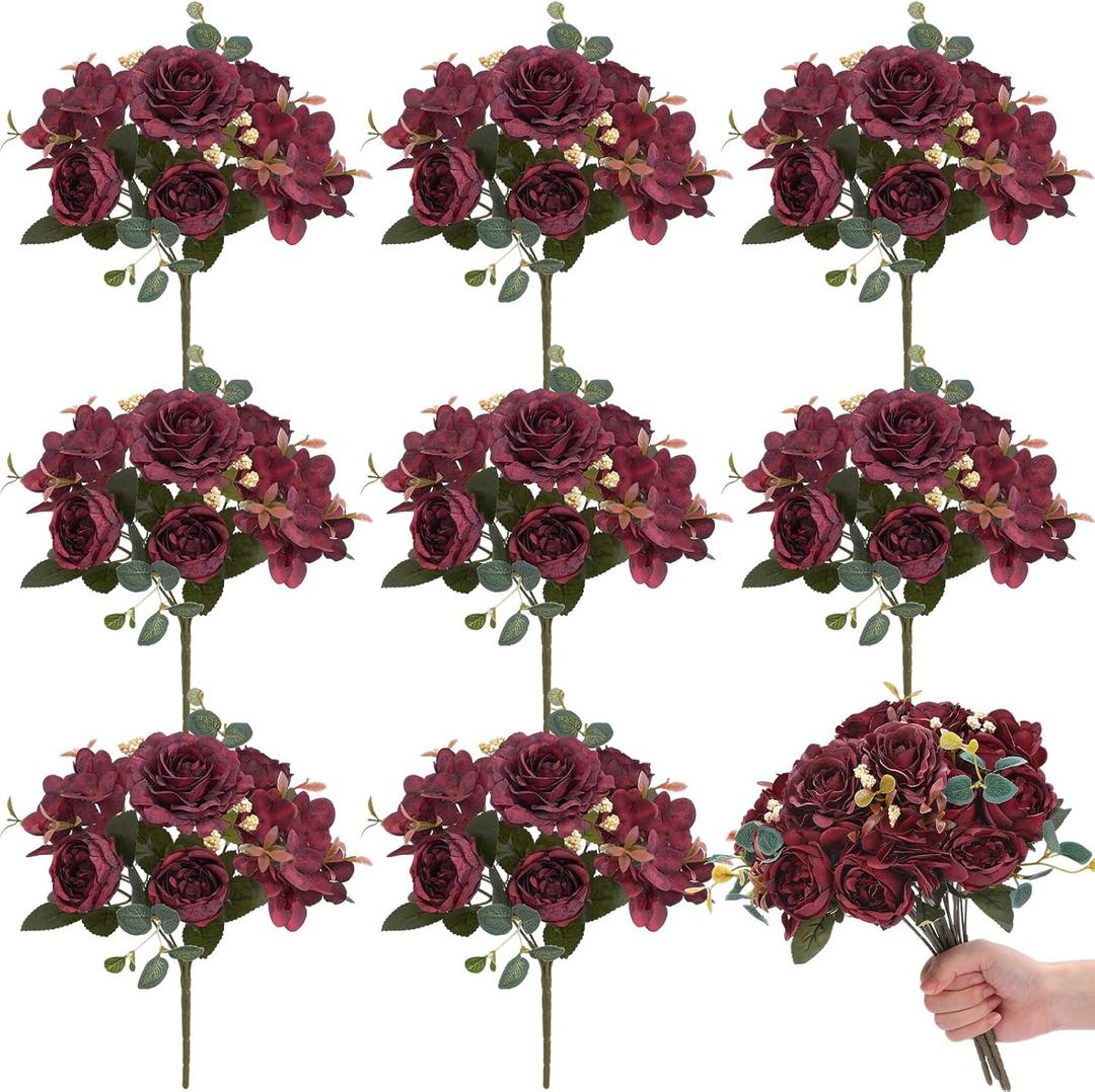 Yunsailing 8 Packs Artificial Peony Flowers Faux Silk Hydrangea Bouquet Vintage Wedding Home Table for Door Decor Reusable Bouquet of Rose Flowers for Valentine Wedding Birthday Party(Burgundy)
