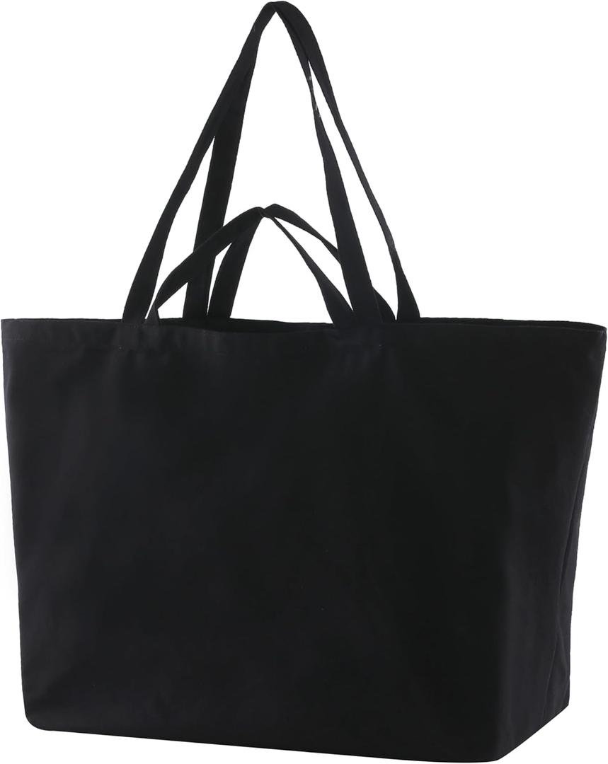 Large Sturdy Canvas Tote Bag -27" X 16" X 8" Extra Big Largest Grocery Shopping Beach Reusable Totes Bags, Black 