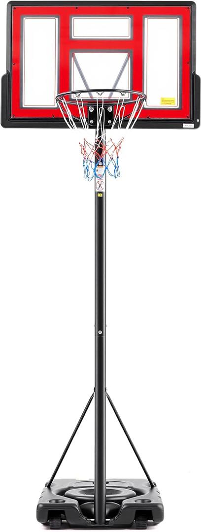 Sweetcrispy Portable Basketball Hoop Outdoor 6.1-10FT Adjustable Height, 44 Inch Shatterproof Backboard/Shock Absorbent Rim, Fillable Base, 2 Wheels for Backyard/Driveway (Black&Red)