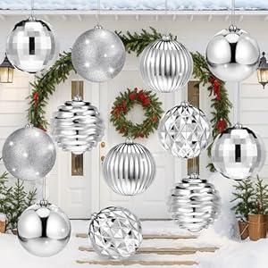 Poen 12 Pcs 6 Inch Extra Large Christmas Ball Ornaments Outdoor Christmas Tree Decoration Hanging Plastic Balls Oversized Glitter Xmas Balls for Outside Lawn Yard Tree Decoration (Bright Silver)