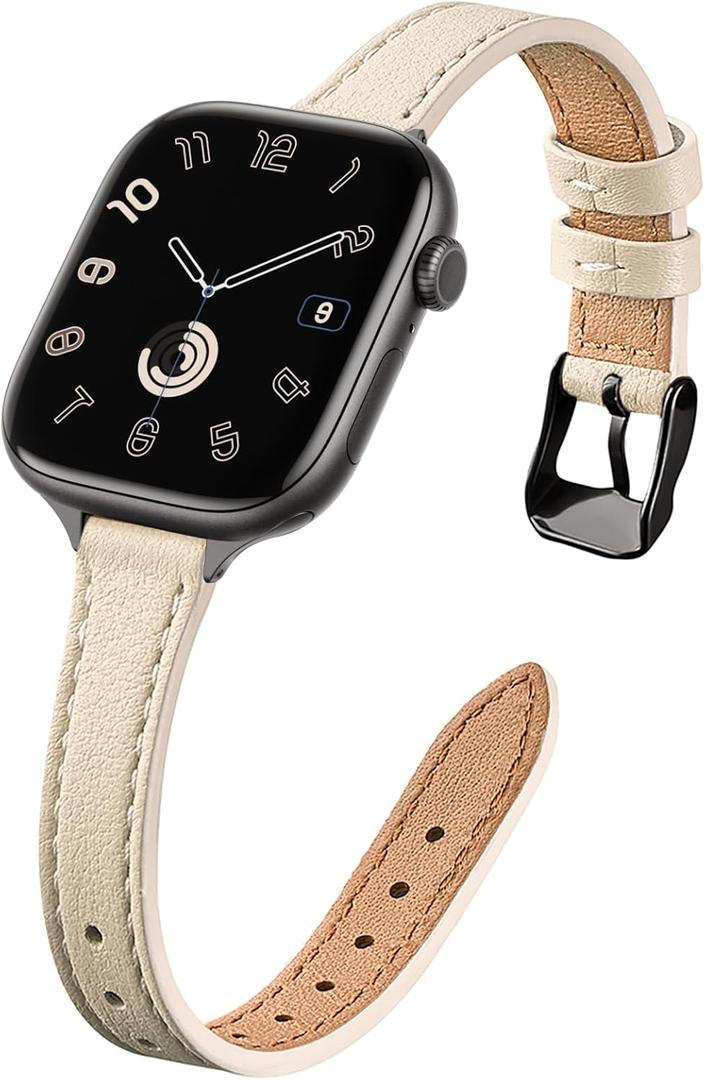 STIROLL Slim Leather Bands Compatible with Apple Watch Band 38mm 40mm 41mm 42mm(Series 11 10), Top Grain Leather Watch Thin Wristband for iWatch SE 9 8 7 6 5 4 3 2 1 (Beige Black)