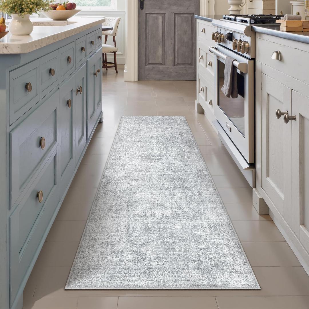 2x6 Runner Rug Washable Vintage Indoor Hallway Carpet Non Slip Grey Bedroom Low Pile Kitchen Distressed Long Retro Accent Throw Rug for Bathroom Dining Laundry Living Room