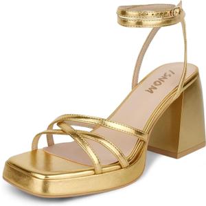 ISNOM Gold Platform Heels for Women Comfortable Strappy Heels Short Block Chunky Sandals Ankle Strap Simple Summer Heeled Sandals Square Open Toe for Wedding Work Party Dressy Prom, Gold, Size 9.5