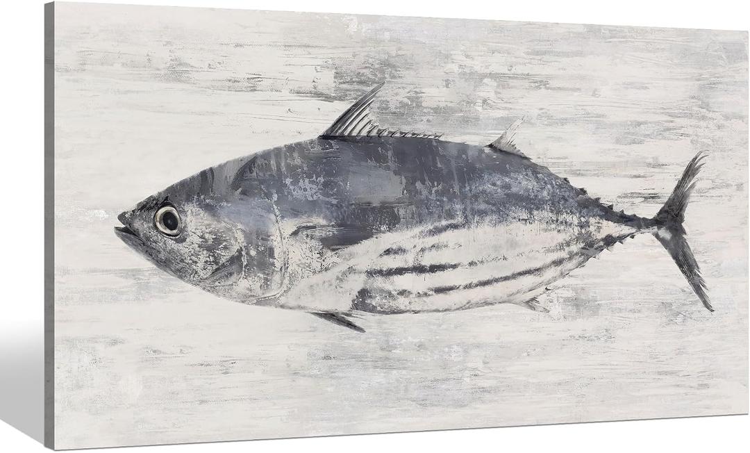 Sea Whisper Tuna Fish Canvas Wall Art: Abstract Ocean Marine Life Painting Sealife Prints Bluefin Picture Nautical Coastal Decor Artwork for Bedroom Bathroom Tuna Fish, 24"L x 12"W