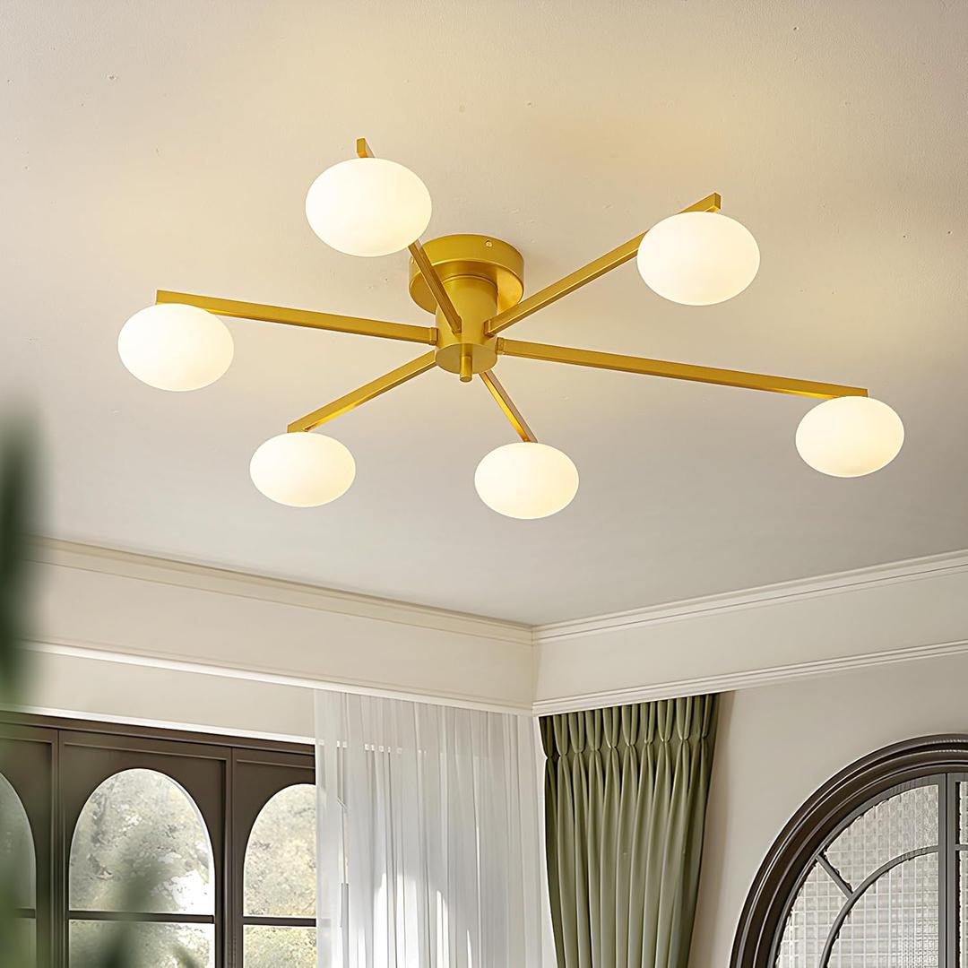 Modern Semi-Flush Mount Ceiling Light with 6 Opal Glass Shades, 39" Gold Sputnik Chandelier,Mid-Century Vintage Style, Ideal for Living Room, Dining Room, Bedroom, Cafe & Hotel