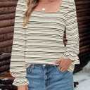 MEROKEETY Women's Fall Square Neck Striped Shirt Puff Long Sleeve Casual Loose Tops 2025 Trendy Blouse (L)