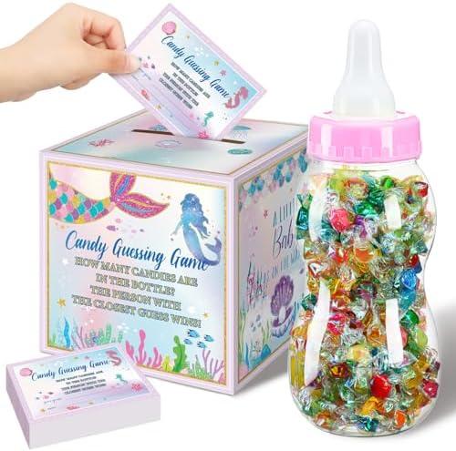 Glenmal 52 Pcs Baby Shower Games Gift Sets Large Baby Bottle for Shower Game Guess How Many Candies Decorations for Gender Reveal(Mermaid)