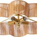 21 Rattan Light Fixtures Ceiling Light Wicker Boho Chandelier with Hand Woven Brushed Brass Finish Flower Shade for Kids Room Bedroom Laundry Room Cloak Room 5-Light