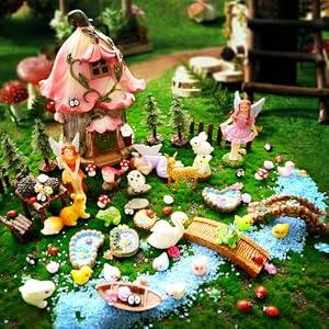 115 Pcs Fairy Garden Accessories Outdoor Kit Mini Fairy House Decor Resin Mushroom Cottage with Elves, Deer, Bunny, Squirrel, Owl Figurines for Miniature Garden, Yard, DIY Village Decoration