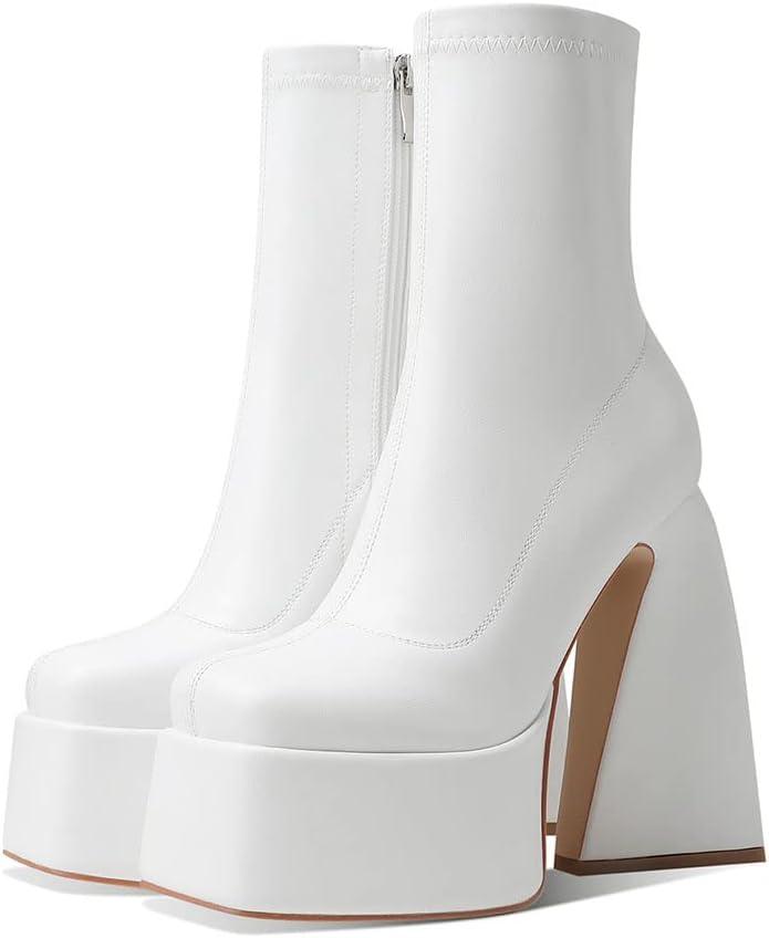 Uacllcau Platform Boots for Women Mid Calf Boots Square Toe Chunky High Heel Boots Side Zipper Ankle Booties (7.5, White)