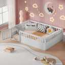 Full Size Montessori Floor Bed Frame with Convertible Door & Wood Slats for Kids,Wood Montessori Bed with Safety Guardrails for Girls & Boys,White