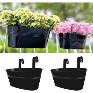 LaLaGreen Rail Planter Outdoor Plants (11.8 Inch, 2 Pack) Black Metal Iron Fence Hanging Flower Pots Deck Railings Buckets Countryside Boho Style Wall Mount Window Box Plant Holder Hooks Porch Decor