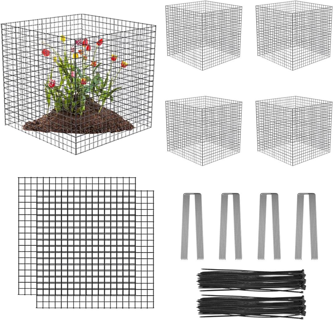 5 Pack Wire Plant Protectors Square Wire Plant Cages Mesh Plant Cage Chicken Wire Cloche with 20 Ground Stakes and 100 Nylon Ties Protect Plants, Garden, Shrubs and Vegetables from Animals, 12x12 inch