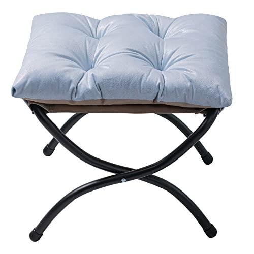 WELL-STRONG 15" Folding Foot Stool, Small Accent Foot Rest, Elegant Foldable Ottoman with Metal Frame, Upholstered Morden Folding Footstool for Home Living Room Bedroom Washable Bright Silver Grey