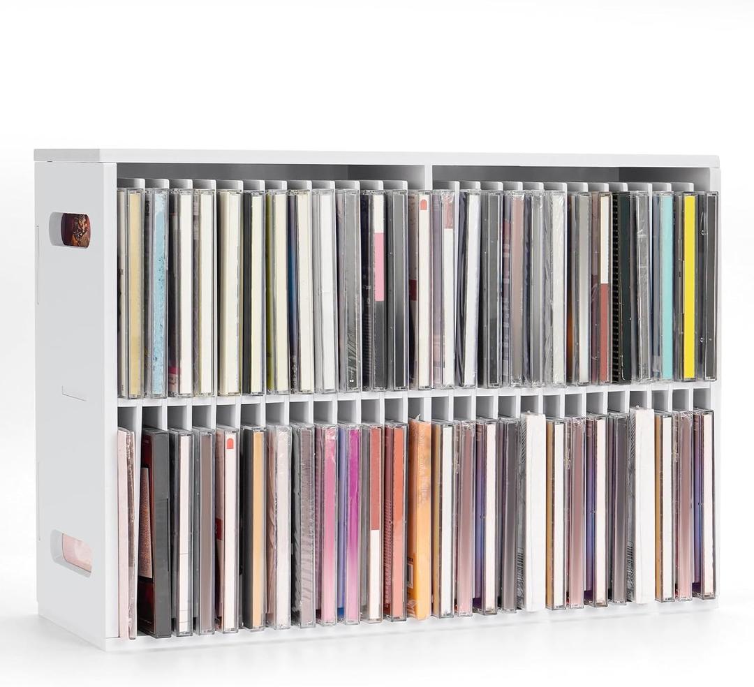 SANFURNEY 52 Slots CD Storage Holder, Wall-Mounted CD Display Stand Jewel Cases Organizer Rack, Stackable Disc Case Holder for Theatre Room
