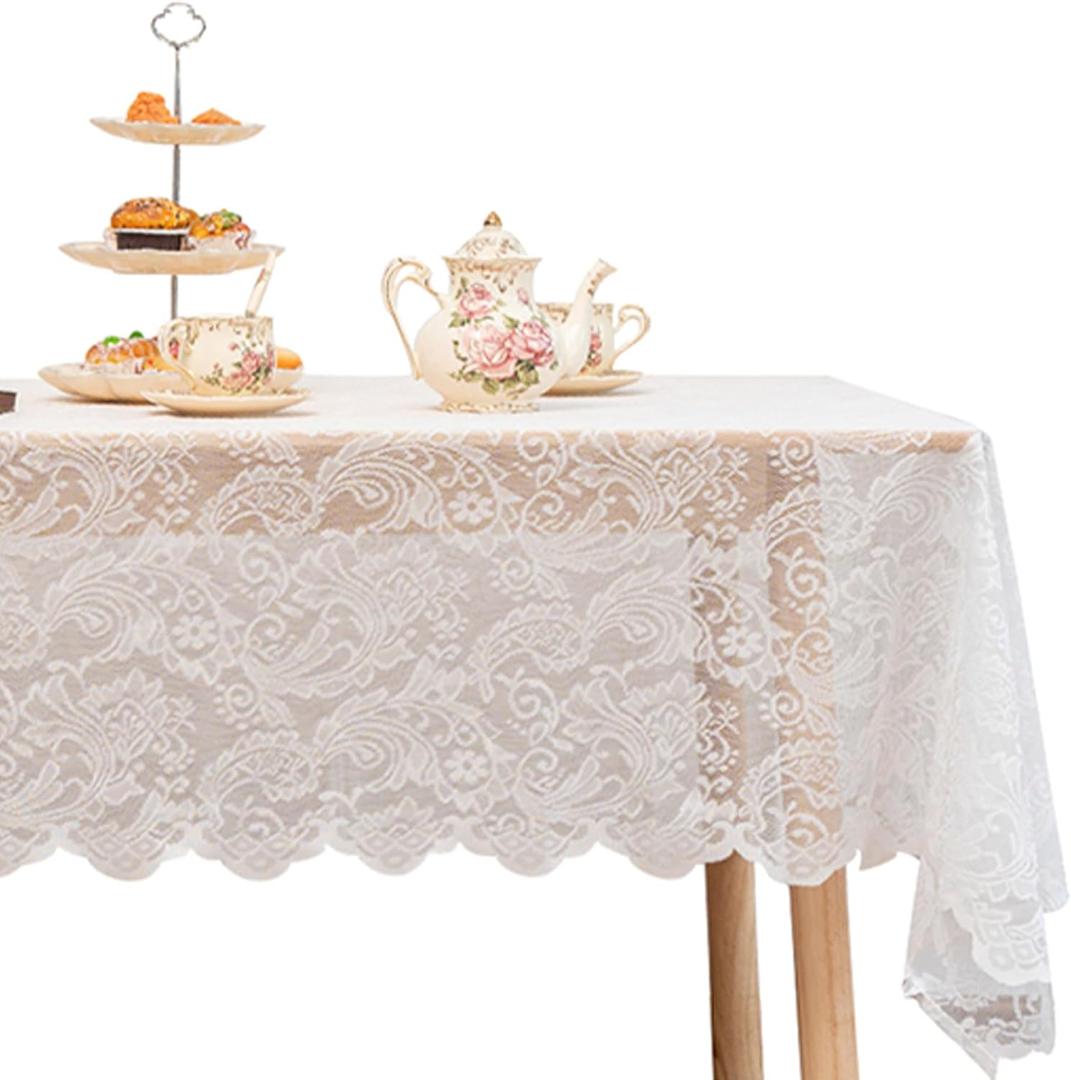 Jayla White Lace Tablecloth 54 X 108 Inches Rectangle Phoenix Tail Flower Embroidered Wedding Table Cloths for Outdoor Party Reception, Dinner Party, Baby Shower, Tea Decorations, Home Decor