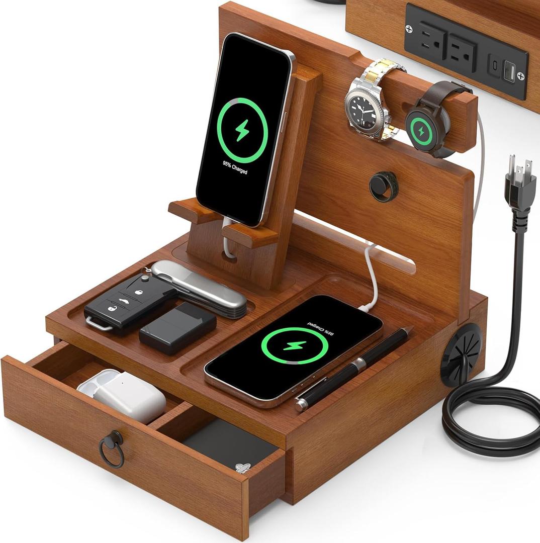 Wood Phone Docking Station with USB Ports and Outlets, Nightstand Organizer with Charging Station, Bedside Organizer with Drawer for Watch & Accessories, Christmas Anniversary Birthday Gifts for Men (Stylish Brown)