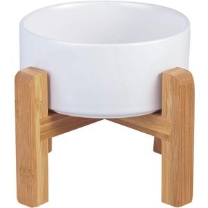 Ceramic Elevated Raised Cat Bowl with Wood Stand No Spill Pet Food Water Feeder Cats Small Dogs (Medium, White)