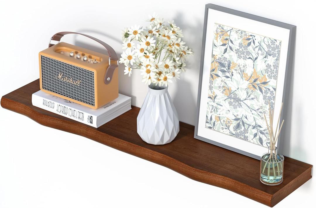 AZSKY Live Edge Floating Shelves for Wall, 36 Inch Floating Shelf, Deep Walnut Wall Mounted Pine Wood Shelf for Storage, Living Room Bedroom Kitchen Shelves Set of 1 with Invisible Bracket