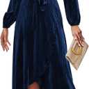 Women's Velvet V Neck Puff Sleeve Dress for Wedding Guest Cocktail Elegant Bodycon Party Midi Dress (Blue, S)