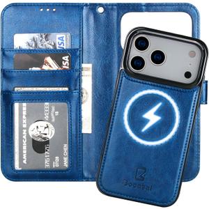 Bocasal for iPhone 17 Pro Max Wallet Case Compatible with MagSafe Wireless Charging, RFID Blocking Magnetic Leather Case with Card Slots Holder Kickstand Detachable Wrist Strap 6.9 Inch (Blue)