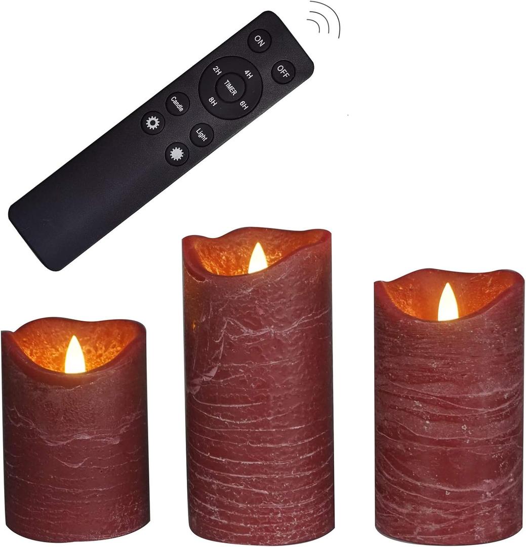 iZAN 3 Pack Real Wax Flameless Pillar Candles, 3”D X 4" 5" 6" H (Burgundy)