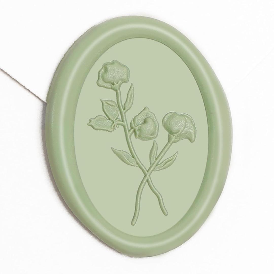 UNIQOOO 3D Floral Wax Seal Stickers - 50 Pcs Elegant Oval Sage Green Self-Adhesive Seals for Wedding Invitations, Envelopes, Gift Wrapping, Christmas Cards & Scrapbooking