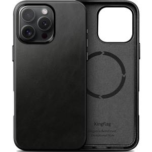 Genuine Leather Case for iPhone 16 Pro 6.3 inch, Compatible with MagSafe, Oil Wax Top-Grain Leather, Metal Buttons and Camera Bezel Midnight Black