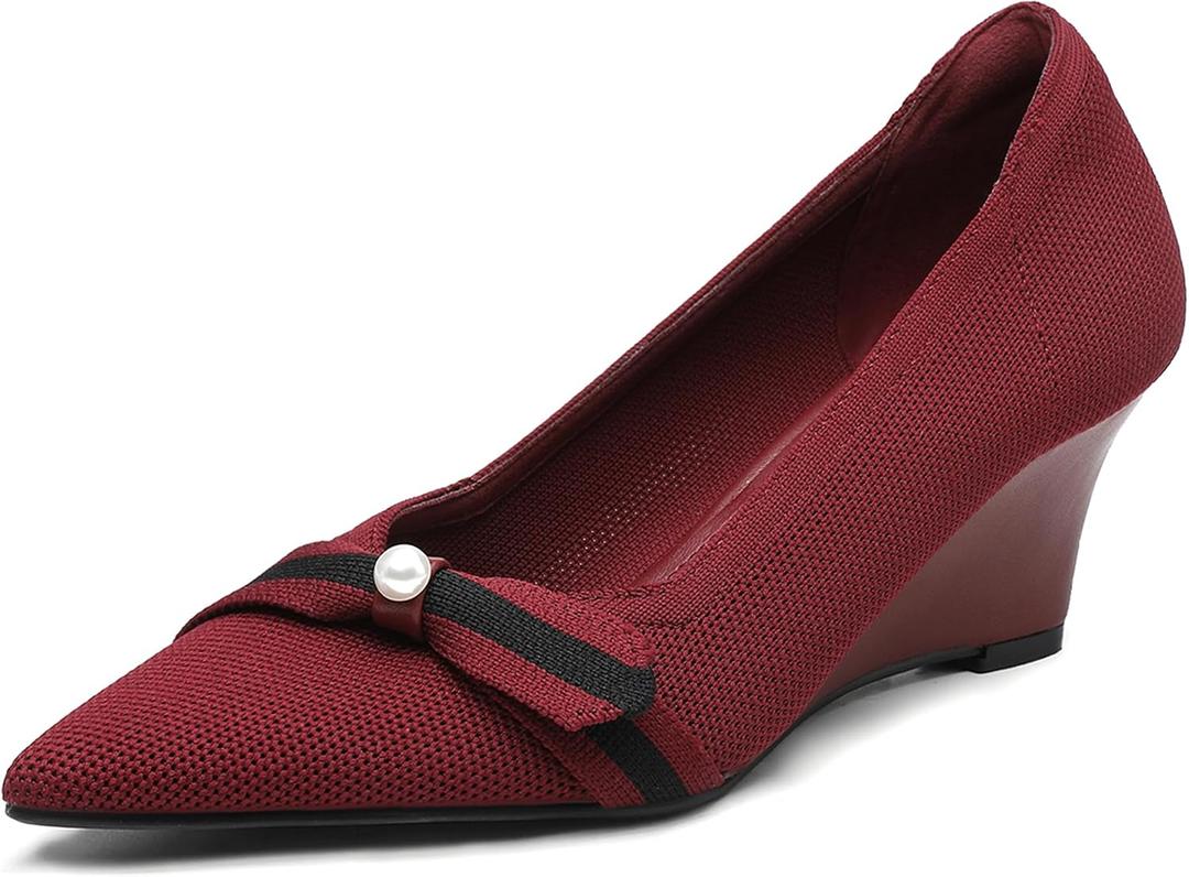 NEWBELLA Women's Bow Wedge Heels - Simple Knit Slip-On Pumps Pointed Toe, Comfortable Office Work Shoes with Block Heel