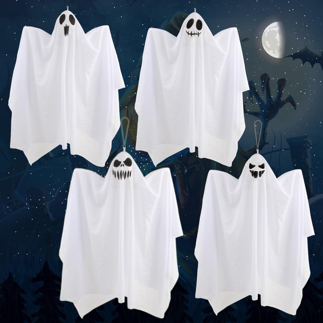 DIYASY Halloween Ghost Hanging Decorations,4 Pcs 27.5 Inch Large White Cute Flying Ghosts Ornament for Outdoor,Porch,Yard and Tree Dcor