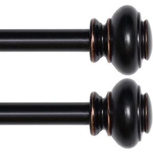 Turquoize Black Curtain Rods 2 Pack for Windows 28 to 48 Inch 3/4 Inch Adjustable Single Rod Set With Decorative Finial, Antique Bronze Finishing