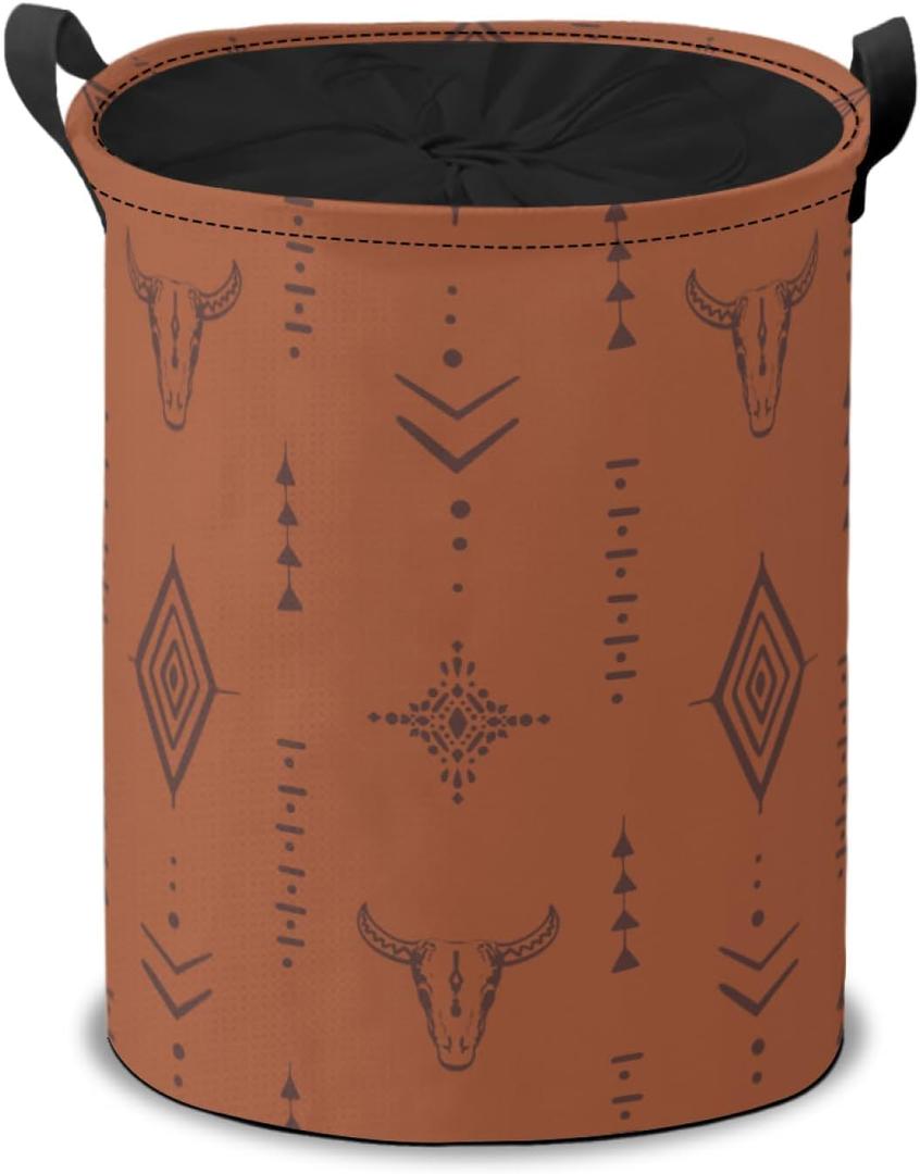 Aztec Skulls Art Laundry Hamper Basket, Western Bull Boho Collapsible Portable Laundry Bag, Storage Bins Toys Storage Gifts Basket, Bedroom Home Nursery Decor for Baby Girl Women
