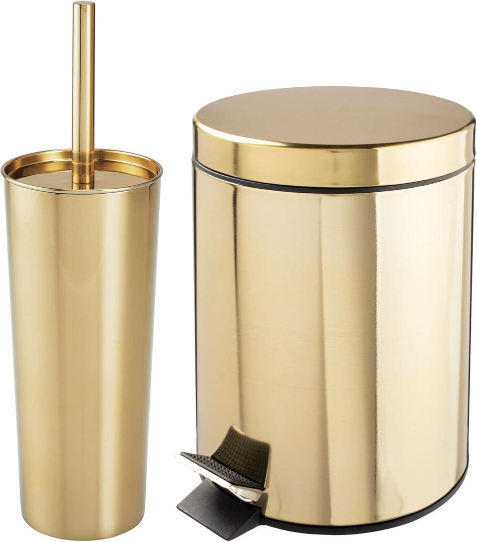 mDesign Metal Steel/Plastic Toilet Bowl Brush/Holder and Round 1.3 Gallon/5L Step Trash Can Combo Set for Bathroom; Holds Trash, Recycling, Deep Cleaning, Mirri Collection, Brass