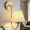 Vintage White Linen Single Wall Sconce, Retro Swoop Wall Lamp with Metal Antique Brass Pole, Gooseneck Light Fixture Design for Elegant Home Lighting, Bedroom (7.5 Inch Shade)