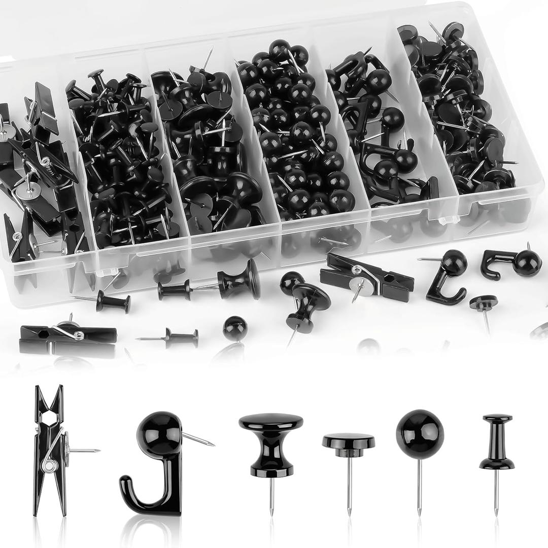 290 Pcs Push Pins, 6 Style Thumb Tacks Set for Wall Hanging,Cork Board, Bulletin Board, Decorative Steel Point Push Pins for Map, Photo, Craft, Office, Home - Black