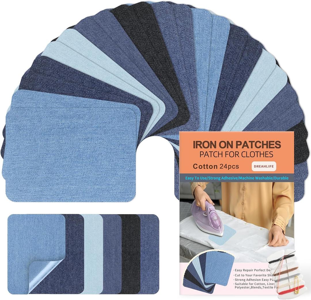 Iron On Patches for Clothes 24pcs, Iron On Patches for Jeans, Cotton Denim Repair Patch for Inside Jeans Fabric Kit, Jeans Knee, Pants, Clothing 3" by 4-1/ 4" Blue&Black