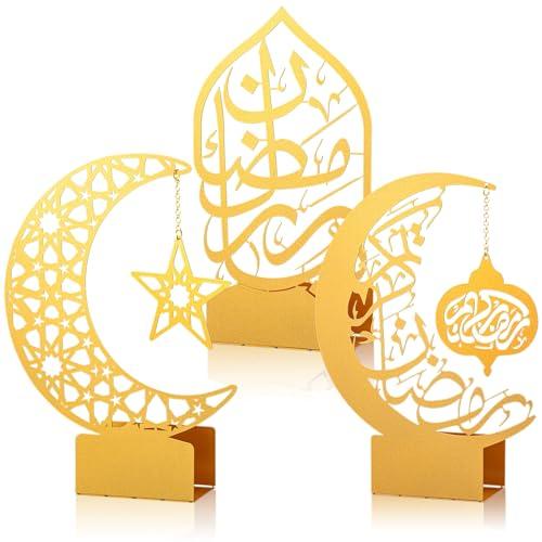 Photect 3 Pack Ramadan Decorations for Home Golden Moon Eid Mubarak Decoration Ramadan Candlestick Holder Metal Kareem Signs for Islamic Muslim Table Centerpiece Indoor Decor Allah Gifts