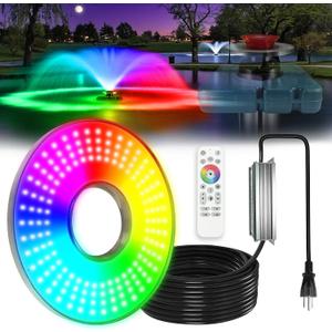 Goldlife Pond Fountain Aerator Lights, 200W RGB 20000LM 160LED Fountain Light with 100FT Power Cord, IP68 Waterproof Stainless Steel Wireless Sync Control Floating Fountains Pump Light