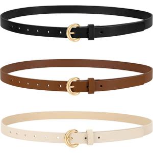 WERFORU 3 Pack Women Skinny Belt Thin Waist Belt for Women Leather Belt with Gold Buckle for Jeans Pants Dress 0.74" Width (A-black+brown+beige)