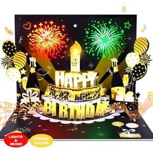 Happy Birthday Cards, 3D Pop-Up Firework Birthday Cards with Music & LED Lights, DIY Age Birthday Gifts for Mom, Women, Men, Kids, Dad, Father, Wife