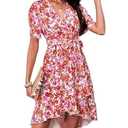 Womens Wrap V Neck Short Sleeve Dress 2025 Summer Floral Boho Dress Ruffle A Line Flowy High Low Midi Dresses (XL)