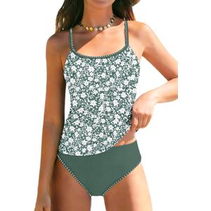 AGAPENG Girls Swimsuit Teen Swimsuits for Girls 12-14 Floral Print Tankini Swimsuit Contrast Trim 2 Piece Bathing Suit for Teen Girl Ruched Swimwear Adjustable Straps Pad Green 13-14 Years
