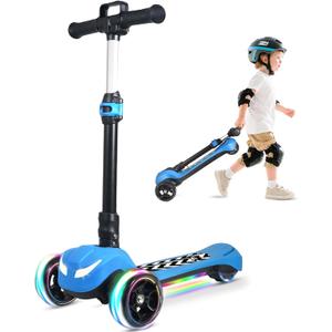 Electric Scooter for Kids Ages 3-12, Full Body Lights Up, Wide Deck, 3 Adjustable Heights, 5MPH Safe Speed, 90min Riding, Foldable 3 Wheel Electric Scooter for Kids Boys Girls Toddler (Blue + Pull Handle)
